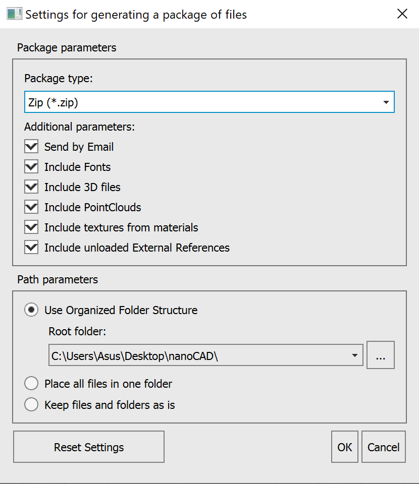 The command is supplemented with the following settings:•	setting the root folder to form an organized folder structure;•	inclusion of textures created and/or used in the drawing in the file package;•	inclusion of point cloud in the file package;•	inclusion of unloaded external references in the file package.